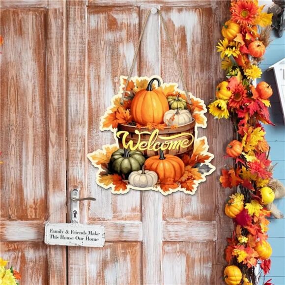 Thanksgiving Hanging Welcome Sign With Sisal Ropes - Watercolor Pumpkins & - Picture 2 of 6